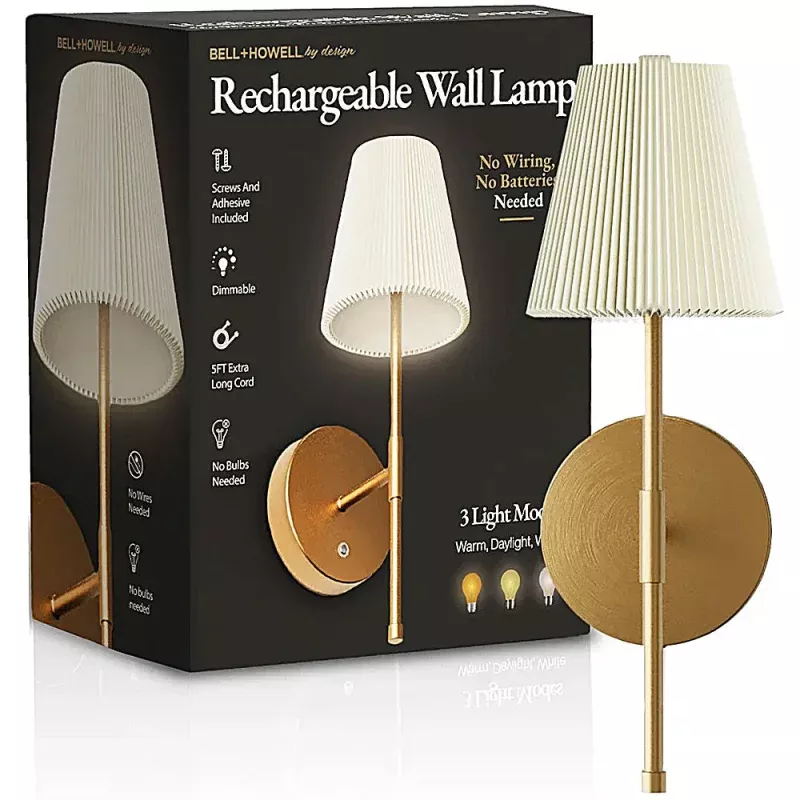 Rechargeable Wall Sconce with Pleated Fabric Shade