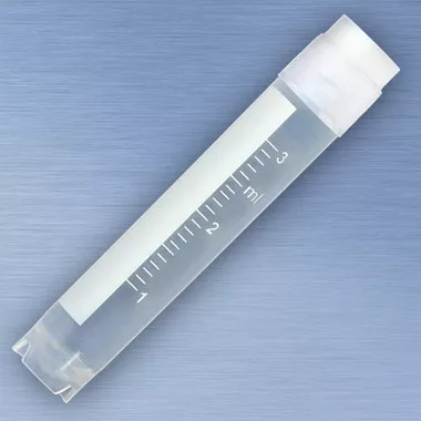Sterile CryoCLEAR Vials, 3mL, External Thread, TPE Seal, Round Bottom, Self-Standing, Graduated, Writing Patch, Barcode, case/500