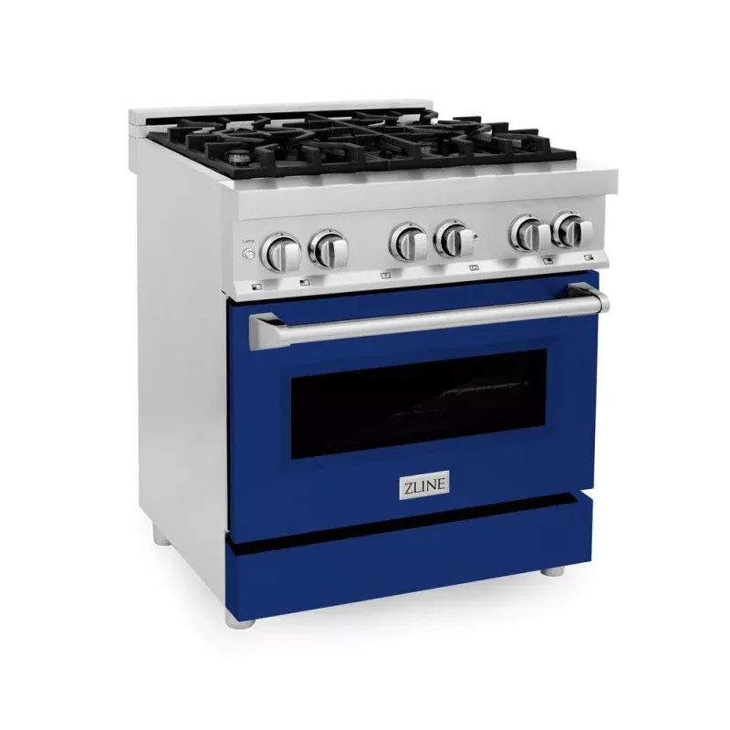 ZLINE RABG30 30 In. 4.0 Cu. Ft. Legacy Dual Fuel Range With 4 Burner Gas Cooktop And Electric Convection Oven In Stainless Steel And Blue Gloss Door