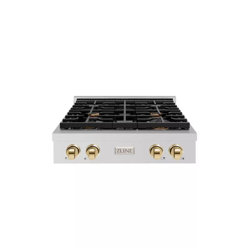 ZLINE SRTZ30G Autograph Edition 30 In. Paramount Gas Rangetop With 4 Burners And Porcelain Cooktop In Stainless Steel With Polished Gold Accents
